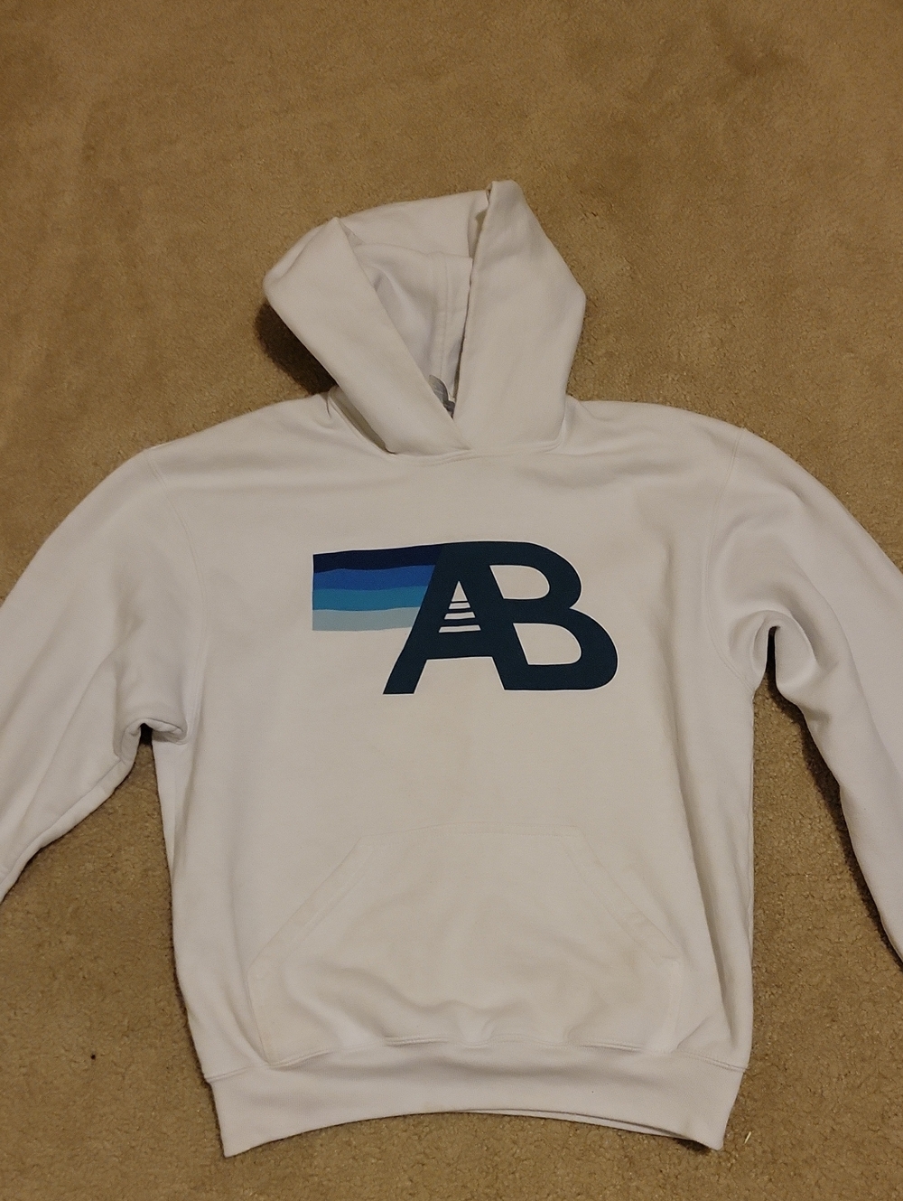 White Hoodie with AB Graphic - Blue Gradient Logo. Fits Like Women Xs-s